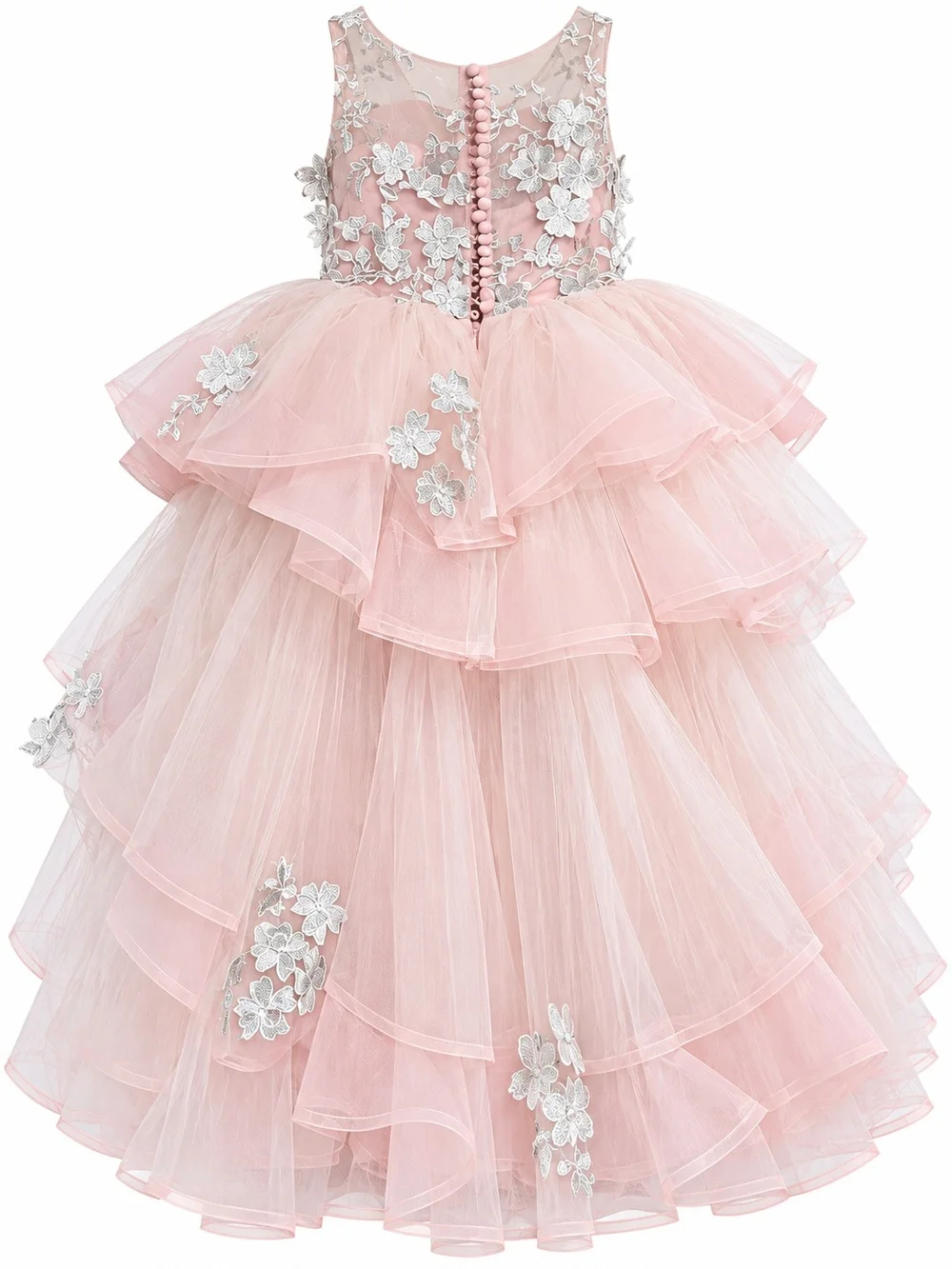 Girls' Pink Layered Tulle Party Dress with Silver Floral Appliqué